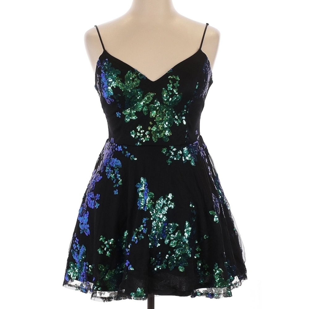 City Studio Black Mini Dress with Green and Blue Accents